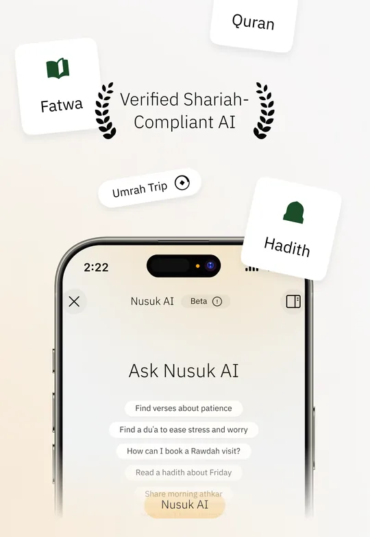 Ask Nusuk AI screen in the Nusuk app, with suggested questions such as how to book a Rawdah visit.